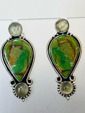 🆕Green Copper Turquoise & Prehnite Earrings 925 Sterling Silver made in USA 🇺🇸